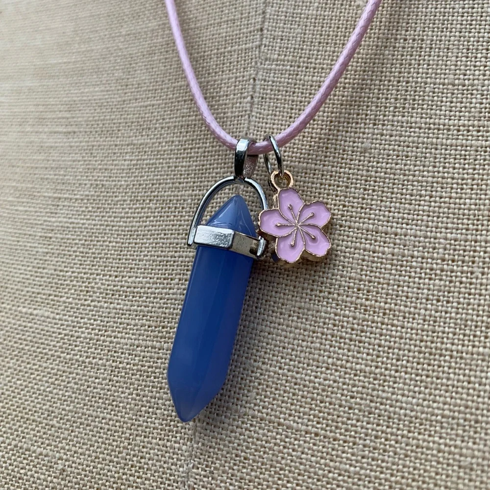 Handmade Periwinkle Crystal Amulet Necklace & Cherry Blossom 🌸 Flower Charm - Picture 2 of 7